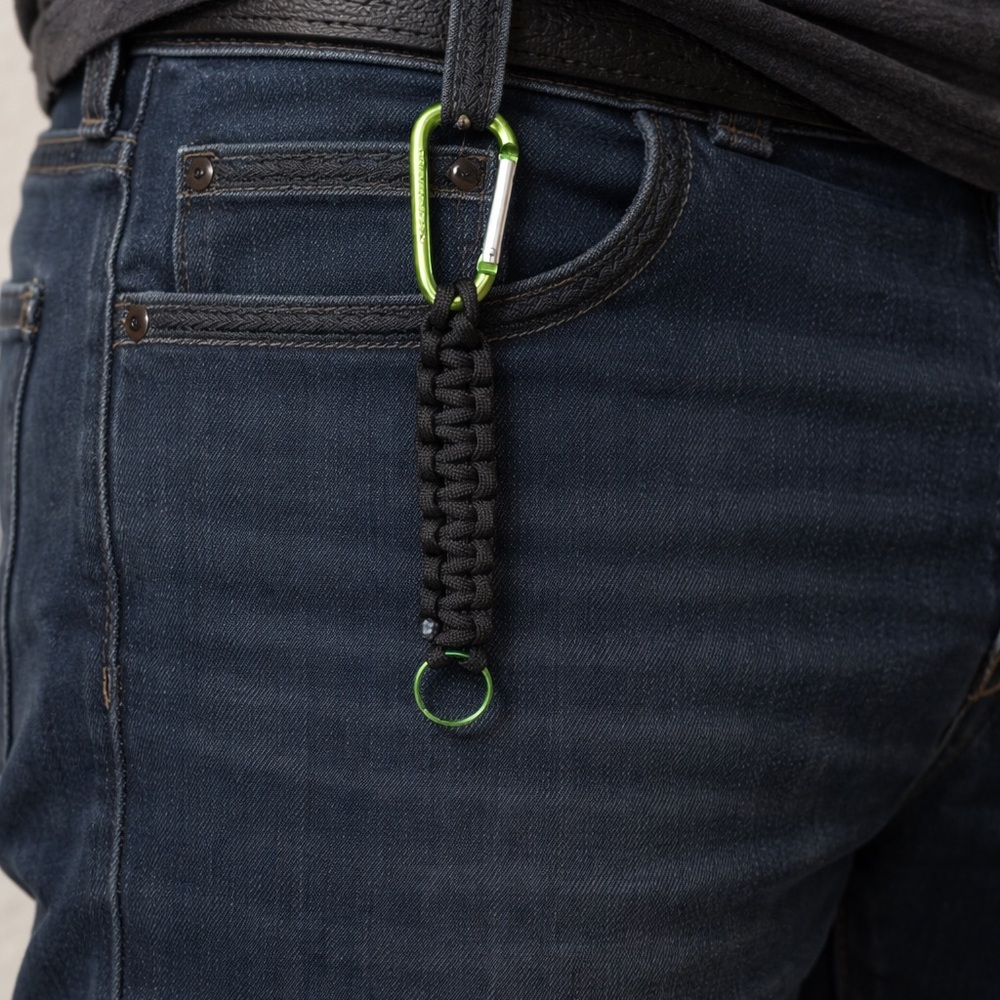 Black Paracord Keychain with Green Carabiner and Key Ring | 7 inches